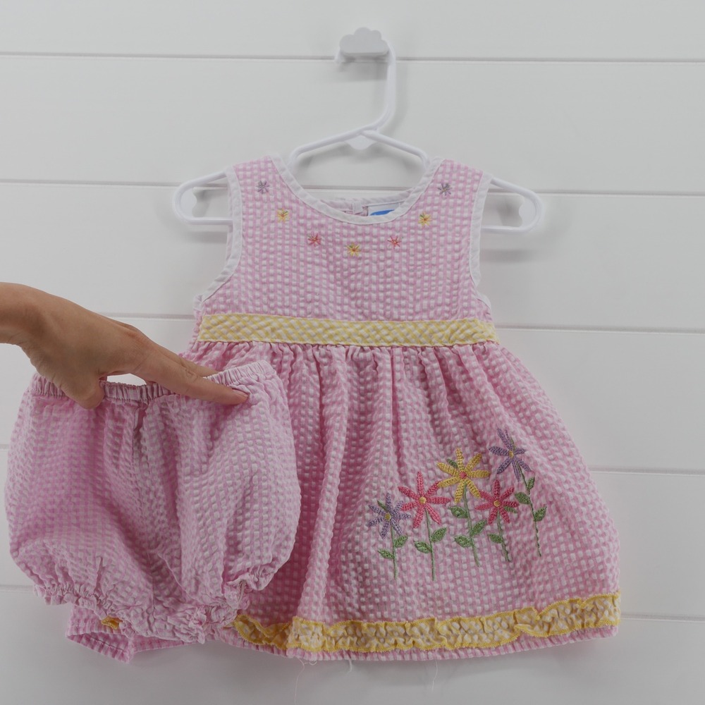Bon Bebe Baby Girl Pink Gingham Seersucker Floral Dress Set 18 Months